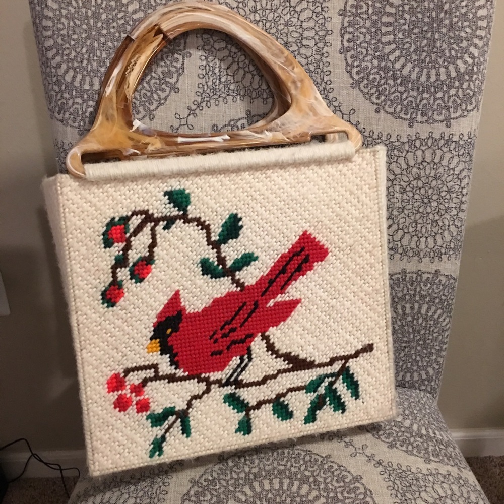 Vintage Yarn Embroidered Cardinal Handbag/Tote